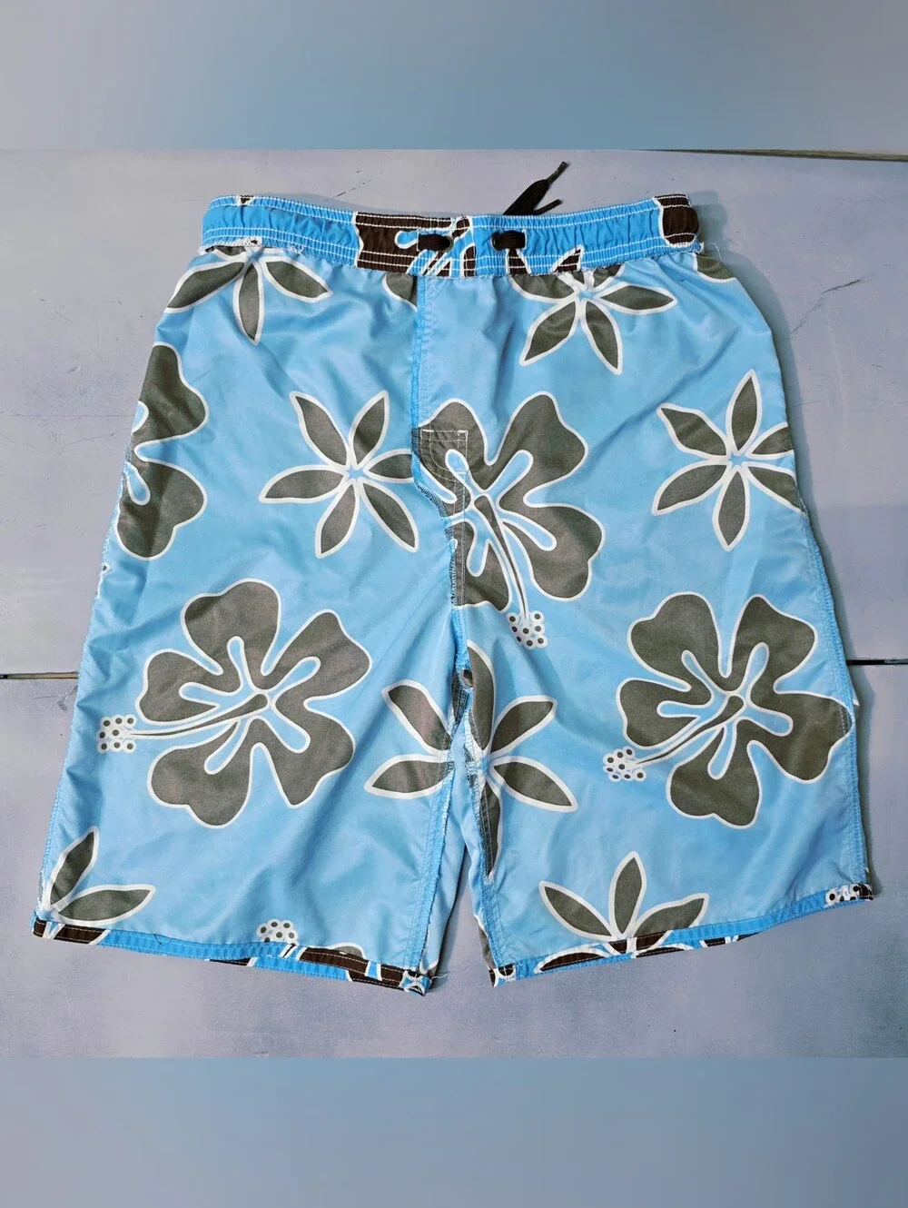 Vtg Y2K Hawaiian Hibiscus Board Shorts Swim Trunks Sky Blue Brown Youth Large